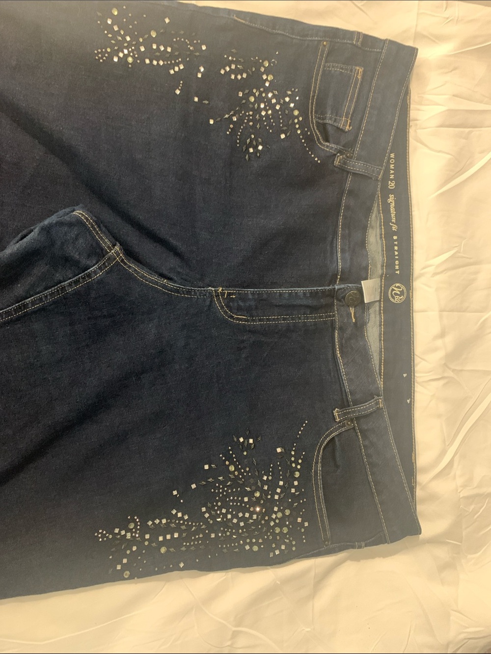 Dark Blue Boot Cut Women's Jeans with Rhinestone Accents stretchy